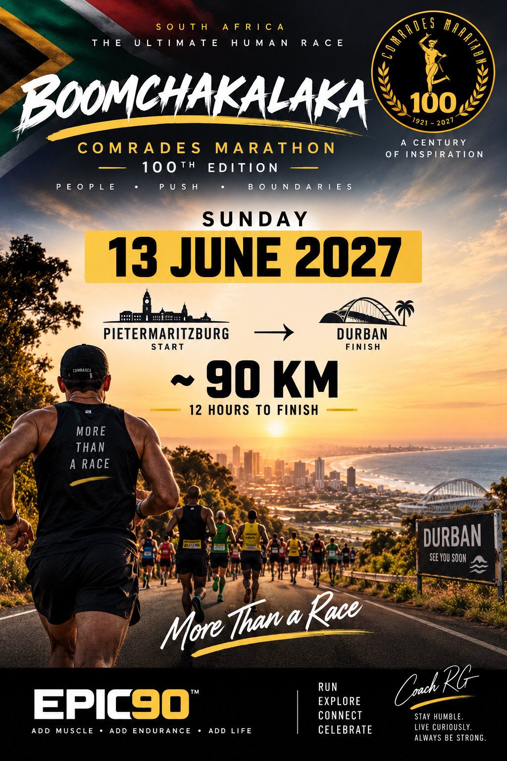 BOOMCHAKALAKA Comrades Marathon South Africa 2027 promotional poster with June 13, 2027 race date